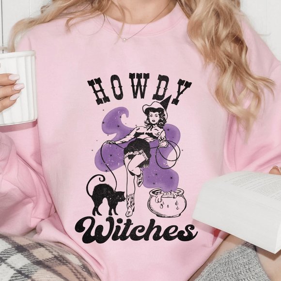 Desert Bloom Darlin Sweaters - Howdy Witches Western Cowgirl Cauldron Pink Sweatshirt